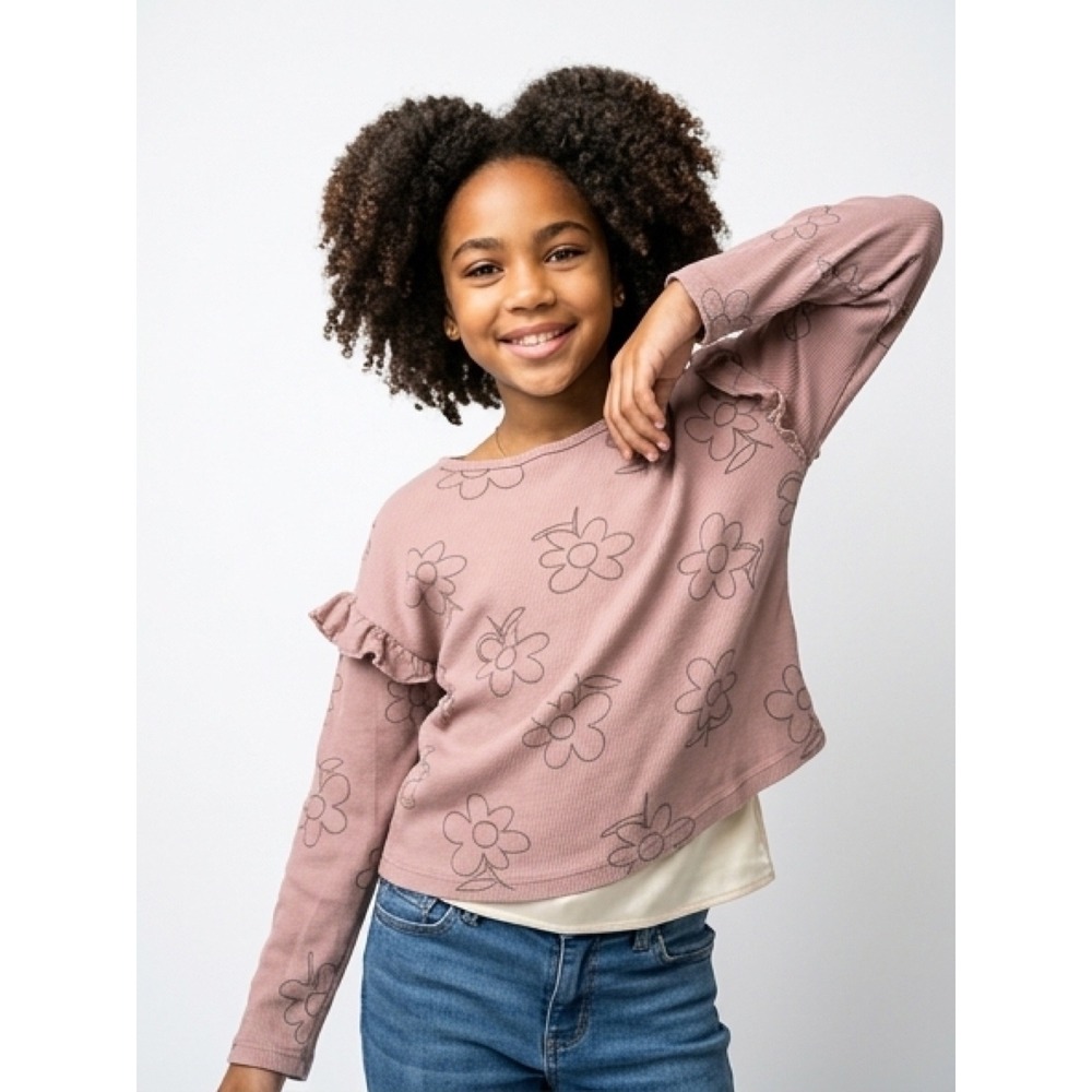 Carter's Floral Long Sleeve Top Toddler 2T Pink Excellent Ruffle Ribbed Knit